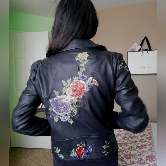 MockLeather biker Jacket with floral embroidery. - Picture 3 of 9